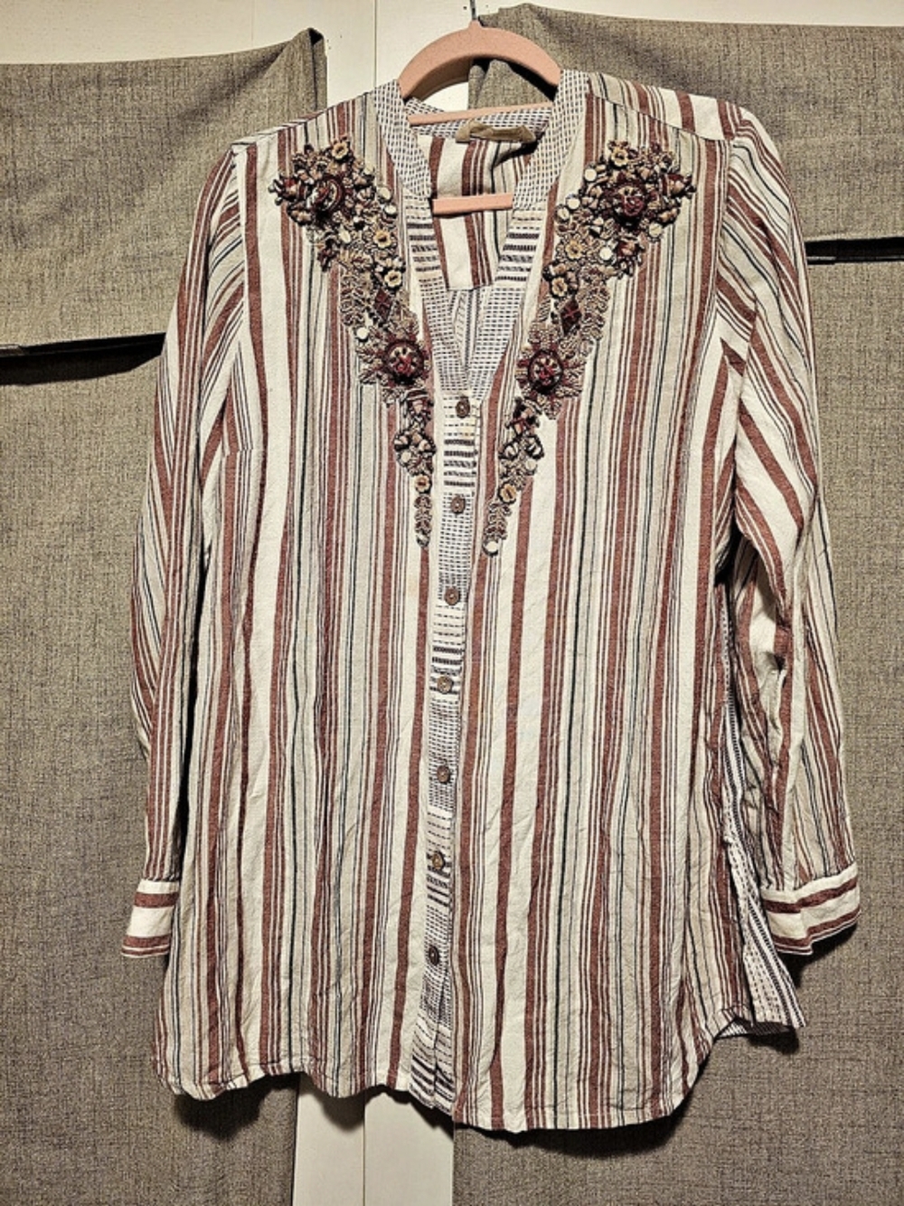 Soft Surroundings Elisha Tunic Striped Embellished Shirt Red & White